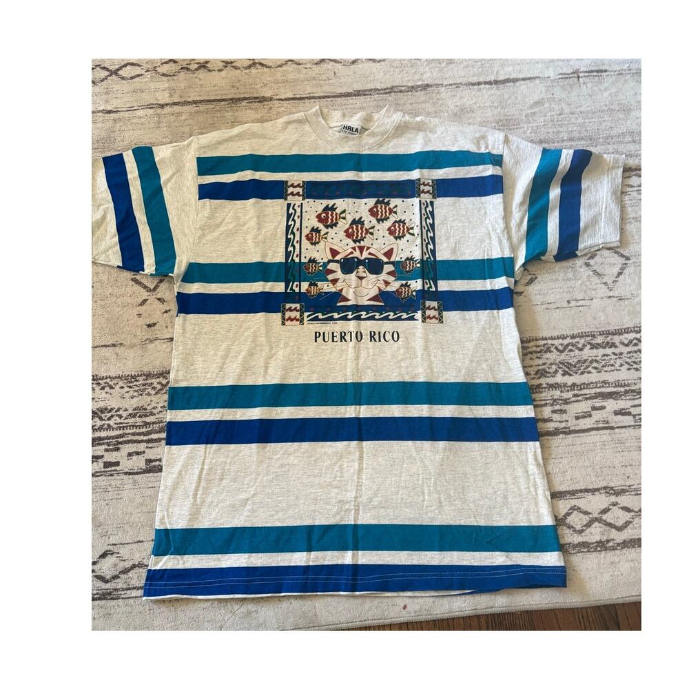 Vintage HRLA T Shirt 90s PUERTO RICO Cat & Fish Stripe L/XL